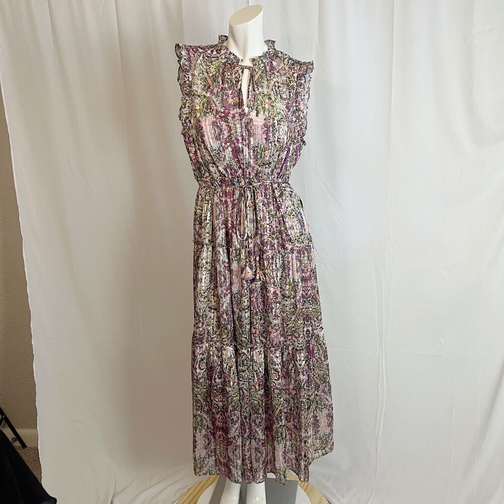 NWT Socialite Metallic Floral Print Tiered Sleeveless Purple Green Dress Size XL - Picture 2 of 7